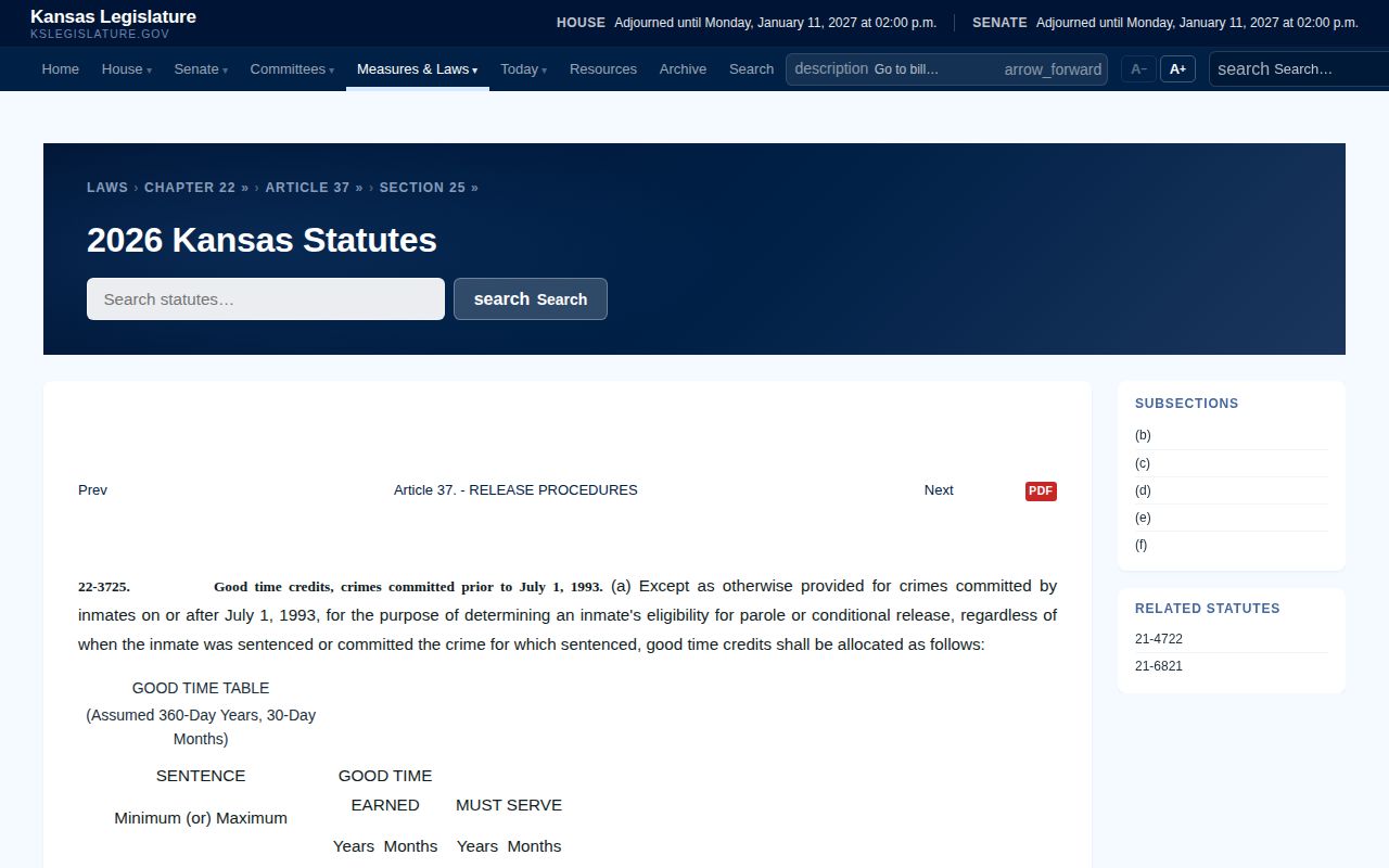 Kansas older-sentence good-time statute relevant to EDCF reception records