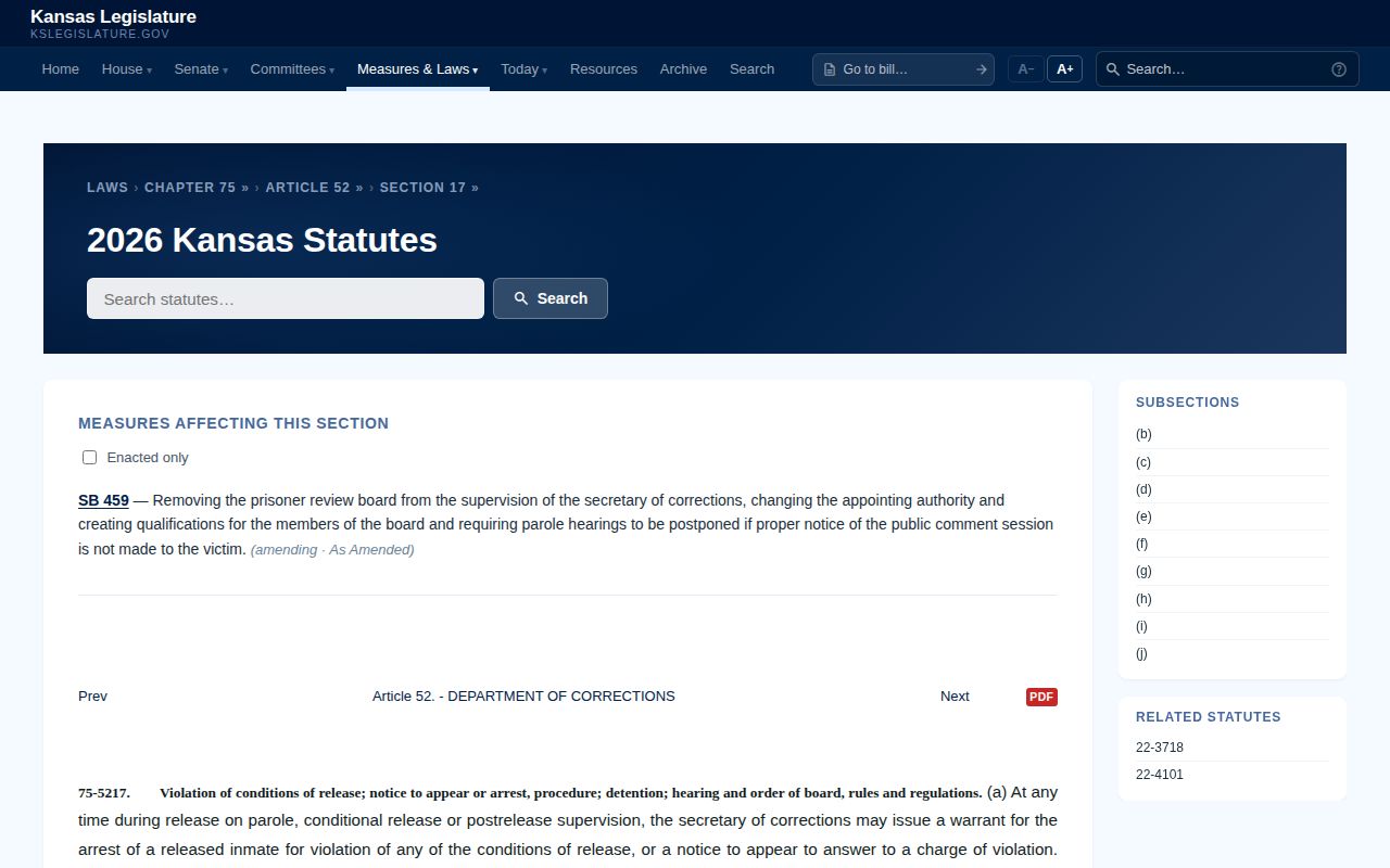 Kansas supervision violation statute relevant to EDCF movement records