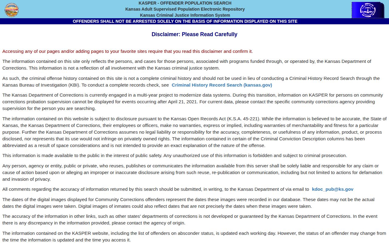 Kansas KASPER offender search entry for Butler County release research
